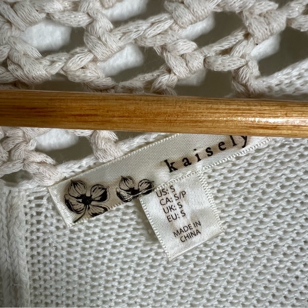 Kaisely Knit Cardigan Fringe Open Front Ivory Blue Pattern Long Sleeve Size S - Picture 9 of 9